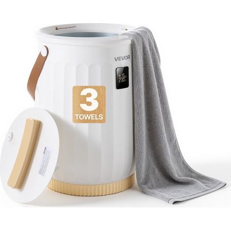 Chauffe-Serviettes de Salle de Bain Seau 20 L avec Écran LED, Blanc, 4 Minuteries Réglables, Poignée en Bois, Arrêt Automatique, pour Grandes Serviettes, Couvertures et Peignoirs, Spa, Massage (1/5)