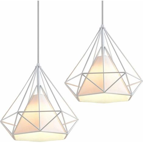 Lot de 2 Lampes de Plafond Abat-Jour en Fer Forme Diamant, Lampe Suspension Lustre Cage avec Douille Eclairage Style Industrielle Blanc (sans ampoule) BLOW (1/4)