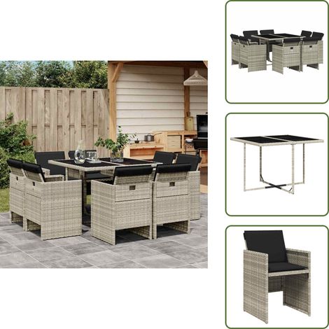 The Living Store 9-tlg. Garten-Essgruppe mit Kissen Hellgrau Poly Rattan - Gartengeset - Gartenmöbelset - Outdoor Möbel - Terrassenmöbel - Rattan Gartenmöbel (1/5)