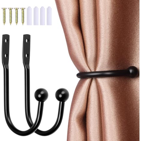 Lot de 2 embrasses de rideaux en métal noir avec vis pour rideaux muraux, rideaux de fenêtre, rideaux de douche (1/5)