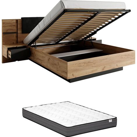 Letto con contenitore con comodini 140 x 190 cm Con LED Naturale e Antracite + Materasso - ELYNIA (1/5)