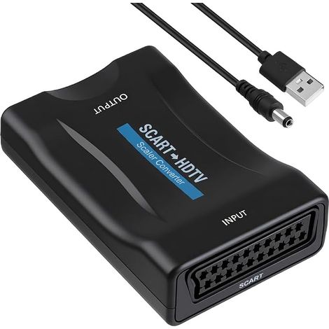 Adaptador SCART a HDMI con cable USB 720p/1080p, convertidor SCART a HDMI para TV, monitor, proyector, audio y video SCART HD compatible con PS3, DVD, VHS, Xbox, Blu-ray, Plug and Play (1/5)