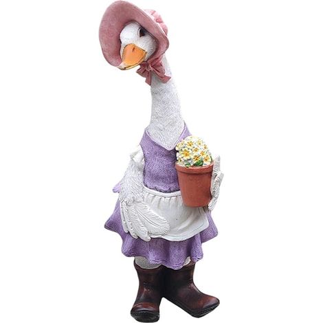 Oie décorative en résine, portant un tablier et un chapeau de paille rose - décoration de jardin - résistante aux intempéries (1/5)