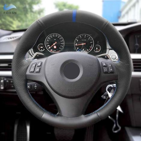Couvre-Volant - BMW - Série 1 3 E82 E87 - Cuir Noir - Ligne Rouge Bleue - Confort Conducteur (1/4)