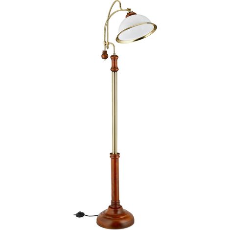 Relaxdays Stehlampe, Bogenleuchte im Jugendstil, Glasschirm, Holz, E27 Fassung, HxBxT: 166 x 40 x 36 cm, braun/gold