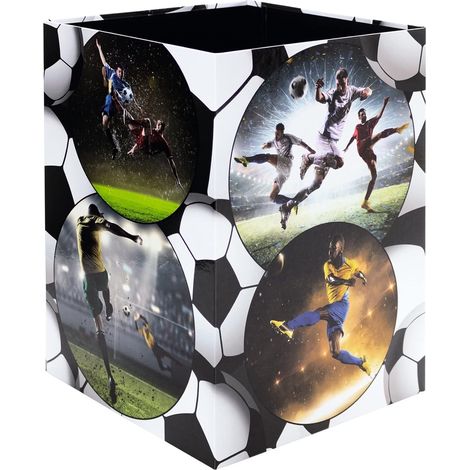Corbeille à papier 19739 - Motif football - 15 l - Pliable - Carton solide - Poubelle étroite - Pour filles et garçons - Poubelle rectangulaire pour chambre d'enfant, chambre à coucher, bureau, (1/5)