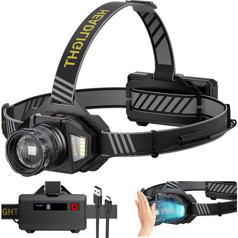 Ultrastarke LED-Stirnlampe, 120.000 Lumen, wiederaufladbare Stirnlampe mit 12 Modi, Sensor und IPX7 wasserdicht, 9000 mAh, 90° verstellbarer, zoombarer, ausziehbarer Kopf für Camping, Radfahren