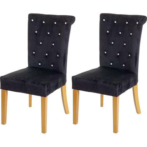 2x Chaise de salle à manger HWC-D22, Chaise de cuisine, Velours clouté - noir, pieds couleur or