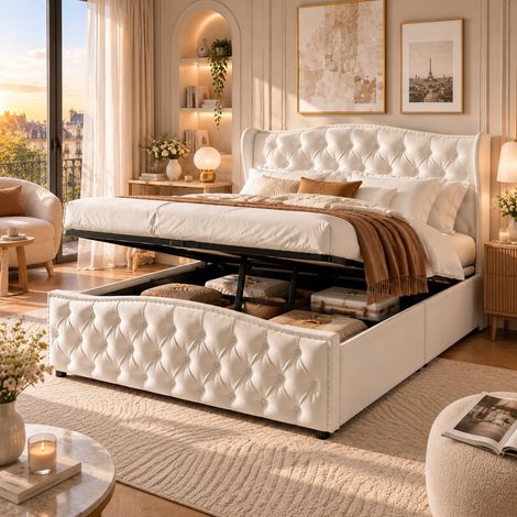 Lit coffre capitonné 140 x 200 - Lit double adulte 140 x 200 - Velour beige - Sommier à lattes - Rangement hydraulique - Motif en losanges avec rivets