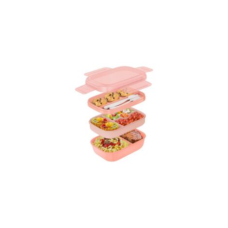 Portapranzo, contenitore per insalata per adulti da 1900 ml con 3 scomparti e posate, contenitore per frutta in plastica senza BPA, portapranzo adatto al microonde per ufficio, scuola, picnic (rosa) -