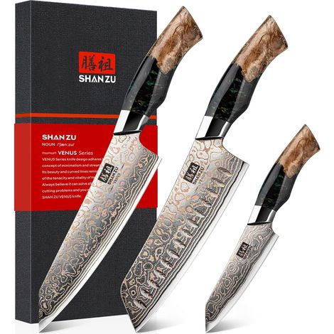 3-Piece Japanese Kitchen Knife Set Damascus Steel and Copper (1/5)