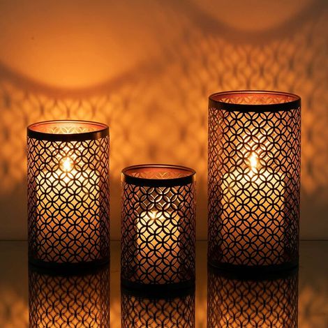 Bougeoir Photophore Noir - Lot de 3 Lanterne Métal Porte Bougie Pilier Orientale Marocaine Design Decoration pour Maison Salle Interieur Deco 12.5/16/19.5cm