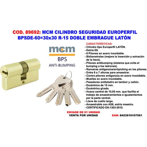 MCM Doppelkupplungs-Sicherheitszylinder 30x30 R-15 Messing