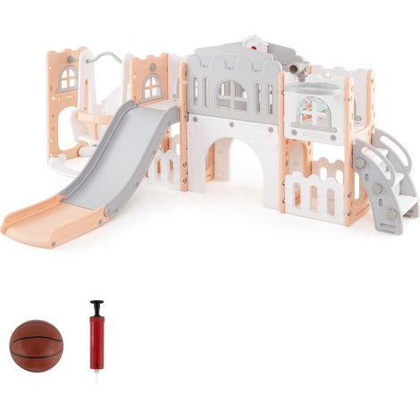 10 en 1 Toboggan Enfant Pliable en HDPE avec Balançoire & Panier de Basketball, Aire de Jeux avec Télescope & Volant & Échelle, pour 1 an+, Rose (1/5)