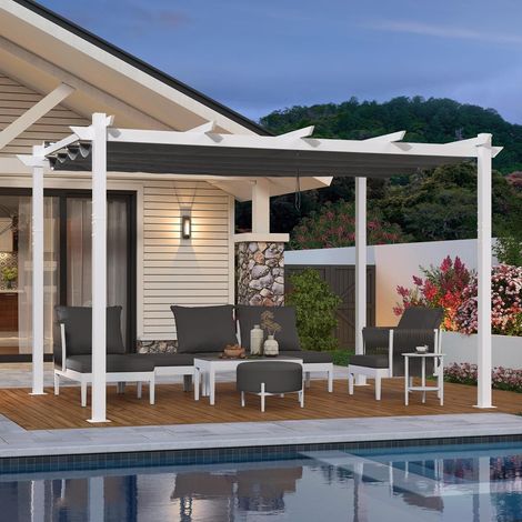 PURPLE LEAF Pergola Jardin Extérieure Rétractable en Aluminium, Cadre Blanc, avec Double Auvent Pare-soleil, 4 x 3 m, Gris