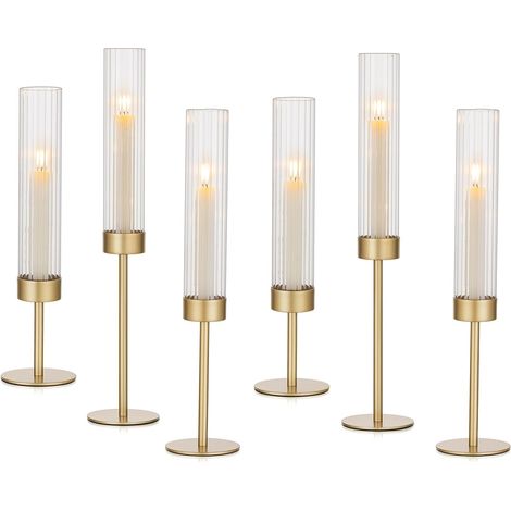 Bougeoirs en or en verre cylindrique: Lot de 6 porte-bougies en métal pour bougies à piquer pour décoration de salon vintage, grand porte-bougie avec photophore en verre pour Noël, mariage (1/5)