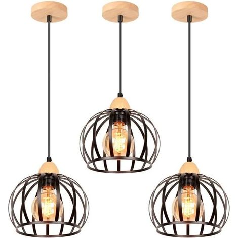 Lustre Suspension - - Vintage - Métal et Bois - 20cm - E27 - Noir (1/5)