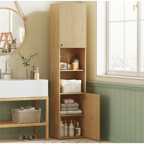 MODFU – Colonne salle de bain 40x31x182 cm bois chêne – 2 placards et étagères réglables – Chêne (1/5)