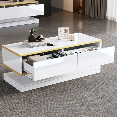 Rangement élégant, table basse avec 2 grands tiroirs, finition brillante blanc chaud et bords dorés, pour salon (1/5)
