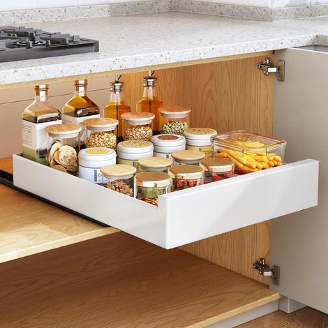 Tiroir Coulissant, Tiroir Coulissant Telescopique Cuisine pour Placard de Cuisine, 42Profondeur x 40Largeur x 7Hauteur cm, pas Besoin de Percer ni de Clouer, Blanc