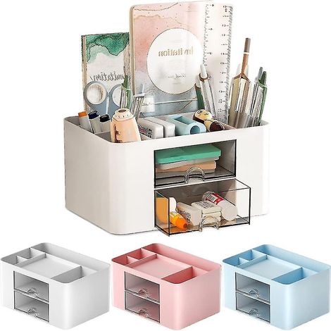 Schreibtisch-Organizer, Tisch-Organizer aus Kunststoff mit Schublade und Stifthalter, weiß, für Büro, Zuhause, Schule (1/5)