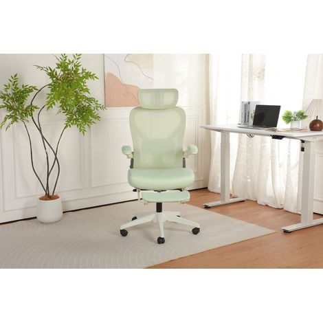 Chaise de bureau ergonomique pliante pour petit espace, soutien lombaire, assise en mousse, accoudoirs relevables, appui-tête 3D, repose-pieds intégré, vert (1/5)