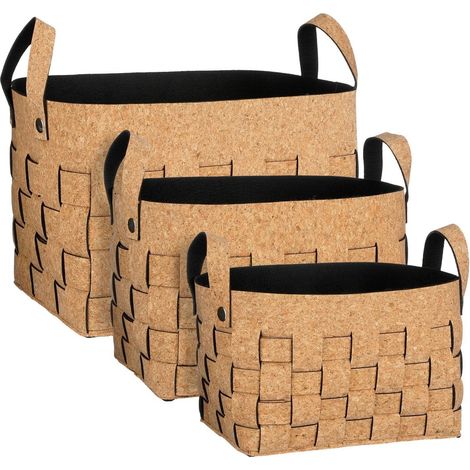 Lot de 3 paniers de rangement en liège et feutre marron avec poignées pour salon et entrée - PANGIVO (1/5)