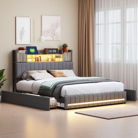 Lit Double 140x200cm, Lit Rembourré 140x200 avec LED et USB, Tete de Lit avec Rangement, Lit 2 Places avec 4 Tiroirs Coulissants, Lit pour Adulte avec Sommier à Lattes, Lin, Gris (1/5)