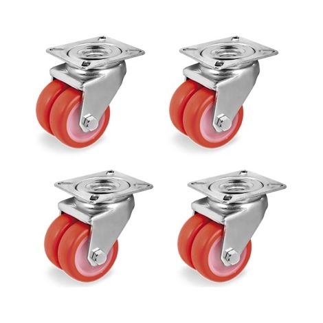 Lot de 4 roulettes JUMELÉE pivotantes polyuréthane ROUGE 50 mm - 420 Kg