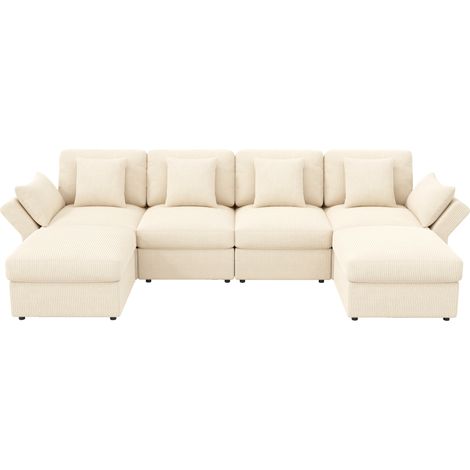 Canapé d'angle en velours côtelé beige modulable 6 places avec accoudoirs réglables et poufs amovibles (1/5)