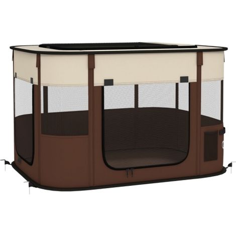Portable Foldable Dog Pen with Storage Bag for Indoor Outdoor Use, Pet Playpen with Ground Stakes, 84x64x53cm, Brown (1/5)