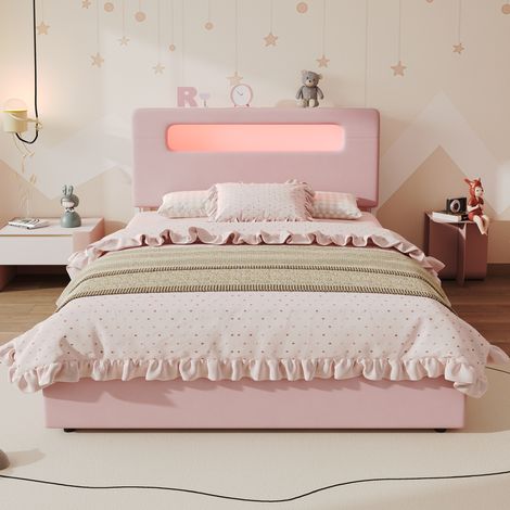 Lit rembourré 140/200 cm rose avec 4 tiroirs latéraux et LED contrôlée par application (1/5)