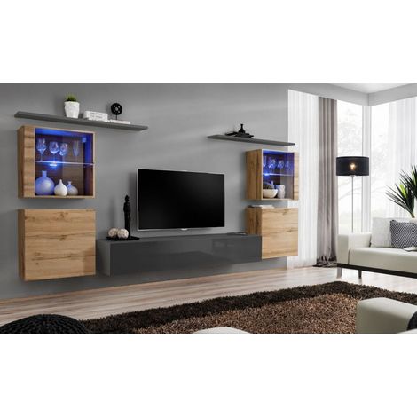 Ensemble mural - Switch XIV - 4 vitrines - 1 banc TV - 2 étagères - Bois et graphite - Modèle 1 - Livraison gratuite
