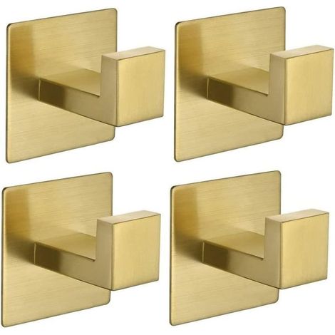 Juego de 4 ganchos autoadhesivos para toallas, color oro cepillado, para albornoces, no requieren taladrar, percha de acero inoxidable. (1/5)