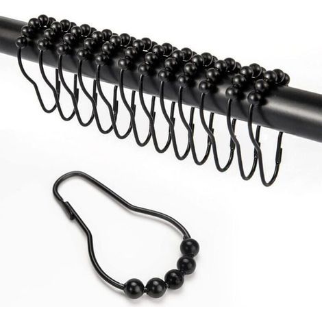 12-piece stainless steel shower curtain hooks with sliding ring system for black bathroom rods.