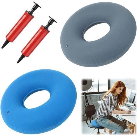 2pcs Coussin de Siège Gonflable avec Pompe, Coussin Orthopédique pour Douleur au Coccyx, Bleu et Gris (1/5)