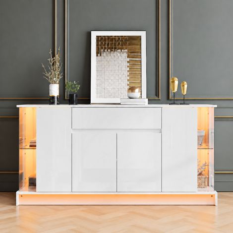 Buffet avec éclairage LED, Bahut de salon avec vitrines en verre, Meuble de rangement avec 1 tiroir et 4 portes, Finition haute brillance, 150x40x75cm, Blanc (1/5)
