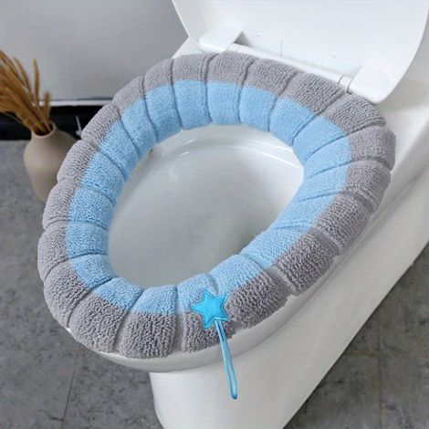 4-teiliges Set weicher WC-Sitzbezüge mit dekorativen Aufklebern auf dem WC-Sitz (blau), waschbar, rutschfest mit Ringdesign (1/3)
