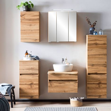 Badezimmer Komplett Set inkl. Midischrank VIDAGO-03 in Wotan Eiche Nb. mit Baumkante, B/H/T: ca. 171/200/52 cm (1/5)