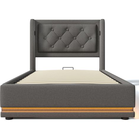 Lit coffre rembourre 90x200 cm gris avec LED 3 cotes, USB-C, tete de lit et matelas (1/5)