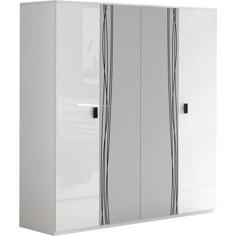 CADIRY - Armoire 4 Portes avec Miroir Blanche Sérigraphiée (1/2)
