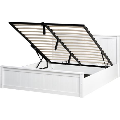 Cama con almacenaje de madera de pino con marco elevable 160 x 200 cm blanco Lambres (1/5)