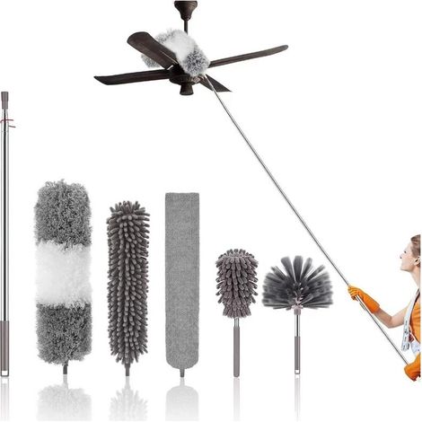 Lot de 6 plumeaux rétractables, tête de loup longueur 25-275 cm, plumeaux lavables en microfibre, plumeaux rétractables pour toiles d'araignées, ventilateurs de plafond, stores