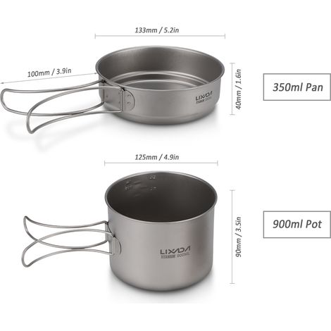 Ensemble de cuisine en titane ultraléger, batterie de cuisine de Camping en plein air, casserole de 900ml et poêle à frire de 350ml avec poignées pliantes (1/5)
