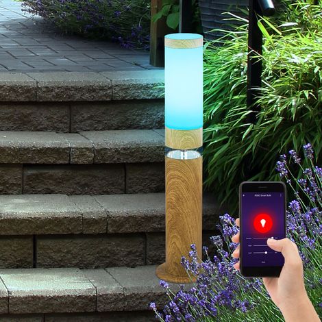 Lampadaire extérieur lampe à base ronde extérieur lampadaire de terrasse en acier inoxydable, optique en bois de contrôle d'application avec LED décorative, 1x Smart RGB LED 10W, DxH 11,7 x 50 cm (1/5)