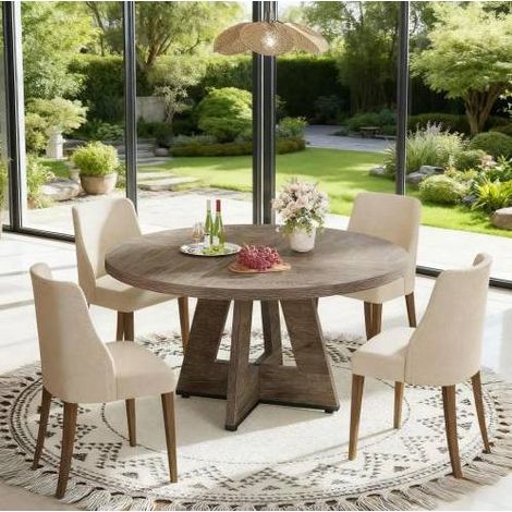 Table manger ronde 120 cm en bois gris OKMYHOME (1/5)