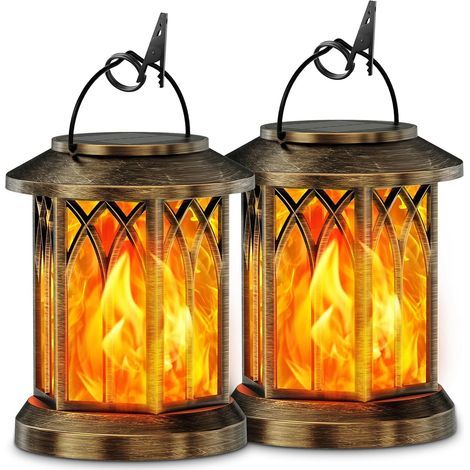 Set di 2 lanterne solari decorative da appendere per giardino GEARLITE, con effetto fiamma, impermeabili IP65, con clip di fissaggio per prato e giardino. (1/5)