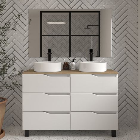 Meuble de salle de bain 120cm avec plateau miel et vasque à poser - 6 tiroirs - blanc - MATA (1/5)