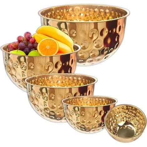 Set mit 5 Edelstahl-Rührschüsseln in gehämmertem Goldton zum Kochen, Zubereiten von Speisen, Backen und für Salate. Fassungsvermögen: 1,6 bis 4,9 Liter. (1/5)