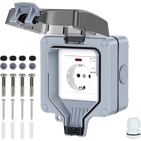 Prise extérieure étanche IP66, 1 prise en saillie avec interrupteur et témoin lumineux, contact de protection 16 A 250 V, couvercle rabattable pour jardin, garage (1/5)